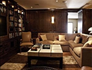 A room with bookshelves and couch