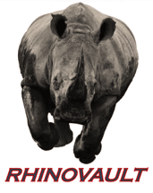 Here's an alt tag for the image: Rhino charging, RhinoVault logo.