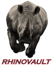 Here's a short alt tag for the image: `Charging rhino, RhinoVault logo`