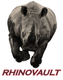 Picture4 Here's an alt tag for the image: `Charging rhino, RhinoVault logo`