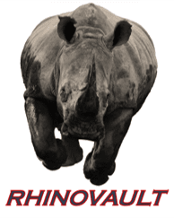 Here's an alt tag for the image: Charging rhino, RhinoVault logo.