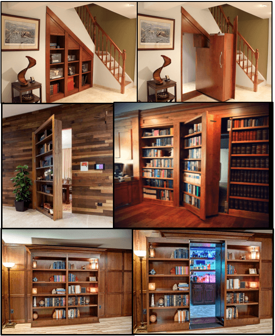 Hidden bookcase secret room doors.