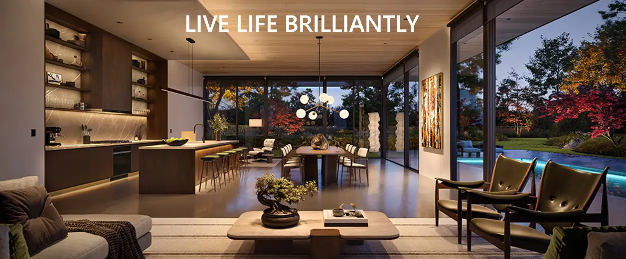 Modern home interior, brilliantly lit.